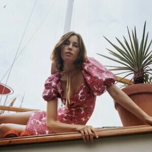 Zara Pink Gerbera Daisy Floral Puff Sleeve Boho Smocked Mini Dress